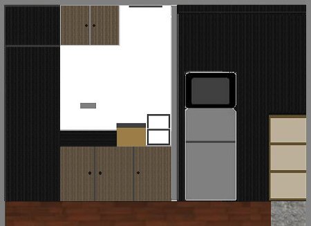 キッチンのミニマルシンプル化構想　壁黒　ｘ　板色棚