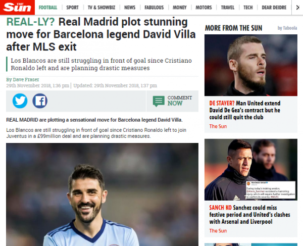 Real Madrid plot stunning move for Barcelona legend David Villa after MLS exit
